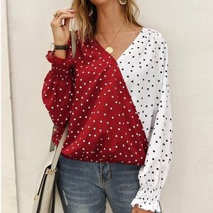 Red and White Polka Dot Color Block V-Neck Top